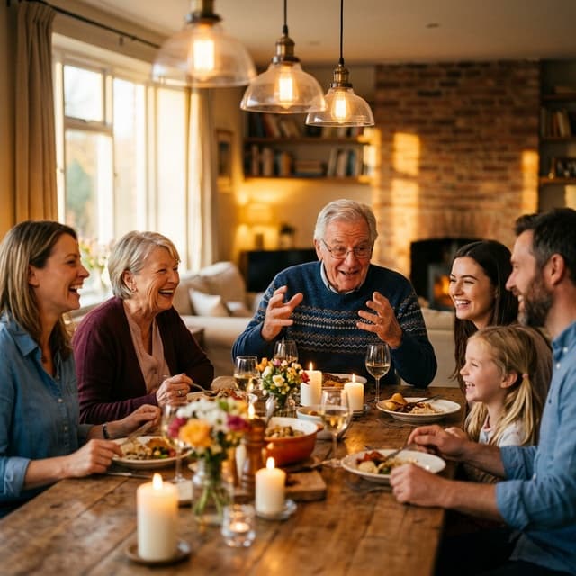 A family gathered around a dinner table sharing stories
